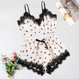 Wholesale Sexy Women V-Neck Heart Print Lace Satin Camisole Bowknot Shorts Sleepwear Set 10 twenty 2