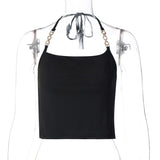 Wholesale S-L Women Sexy Halter Neck Solid Color Metal Chain Strap Top 10 twenty 2 white top black 